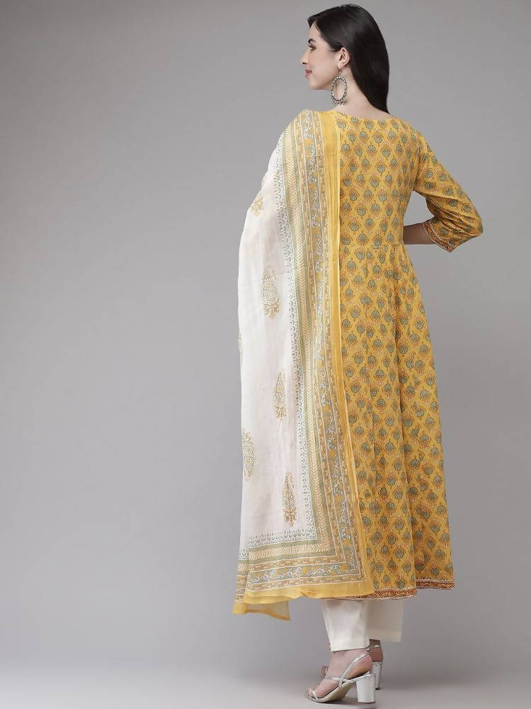 Yufta Women Yellow Floral Print Angrakha Pure Cotton Kurta and Trouser With Dupatta | Grab2Buy