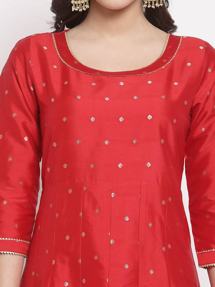 Myshka Women's Red Silk Solid 3/4 Sleeve Round Neck Casual Anarkali Kurta Dupatta Set | Grab2Buy