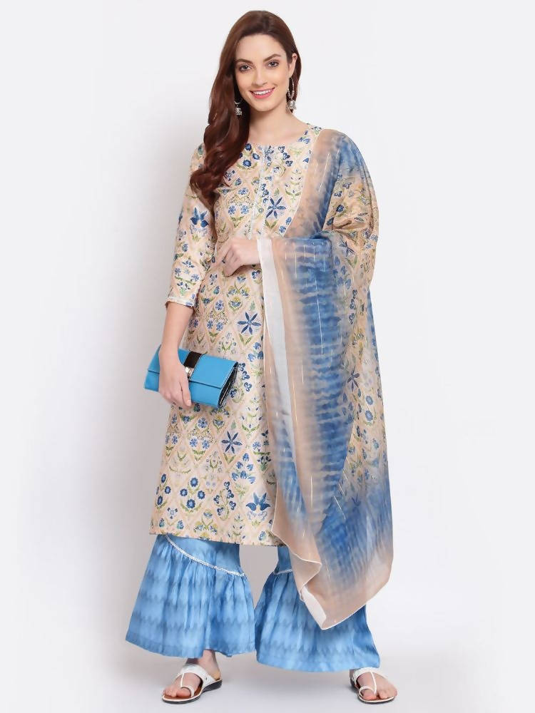 Myshka Women's Multi Color Printed Cotton Blend 3/4 Sleeve Round Neck Casual Kurta Palazzo Dupatta Set | Grab2Buy