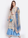 Myshka Women's Multi Color Printed Cotton Blend 3/4 Sleeve Round Neck Casual Kurta Palazzo Dupatta Set | Grab2Buy