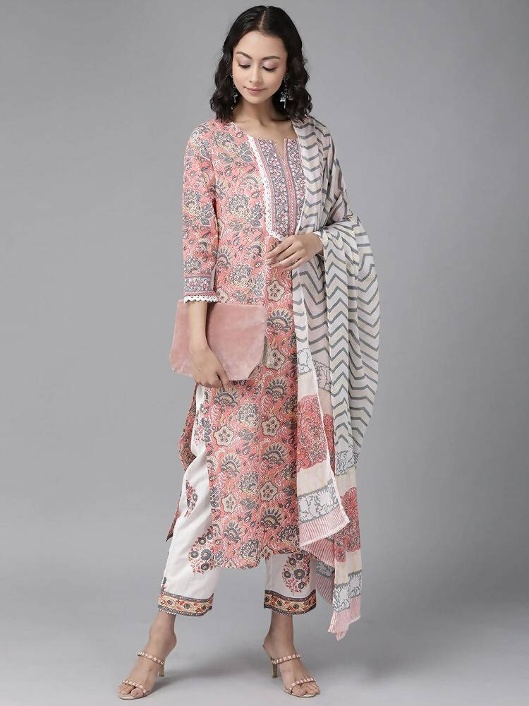 Yufta Peach Hand Block Printed Kurta with Trouser and Dupatta | Grab2Buy