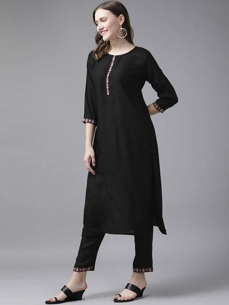 Yufta Women Black Solid Kurta with Trouser and Dupatta | Grab2Buy