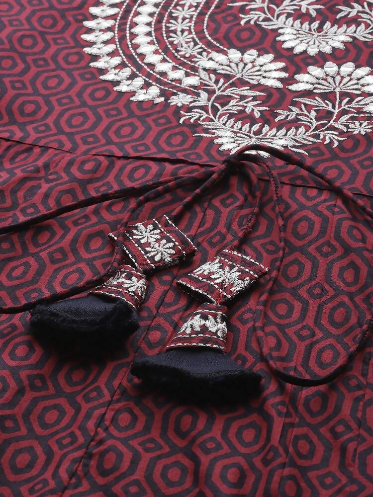 Yufta Women Maroon Geometric Printed Bell Sleeves Mirror Work Cotton Kurta | Grab2Buy
