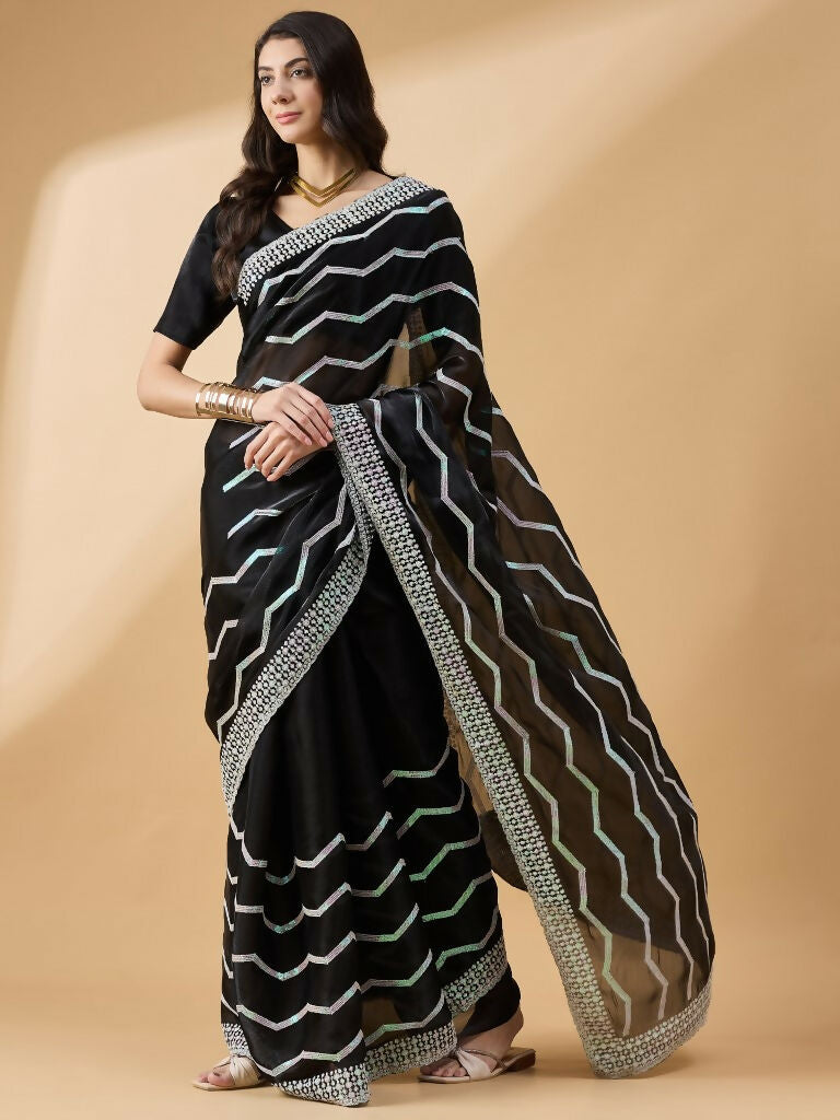 Black Tissue Slub Embroidered Saree with Unstitched Blouse - Vairagi | Grab2Buy