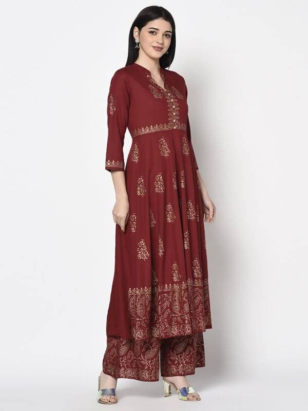 Aniyah Rayon Maroon Block Print Anarkali Palazzo Set (AN-212K) | Grab2Buy