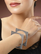 NVR Women's Set of 2 Silver-Toned Oxidized Square Shaped Bangles