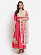 Myshka Women's Pink Solid Rayon 3/4 Sleeve Round Neck Casual Anarkali Kurta Dupatta Set | Grab2Buy