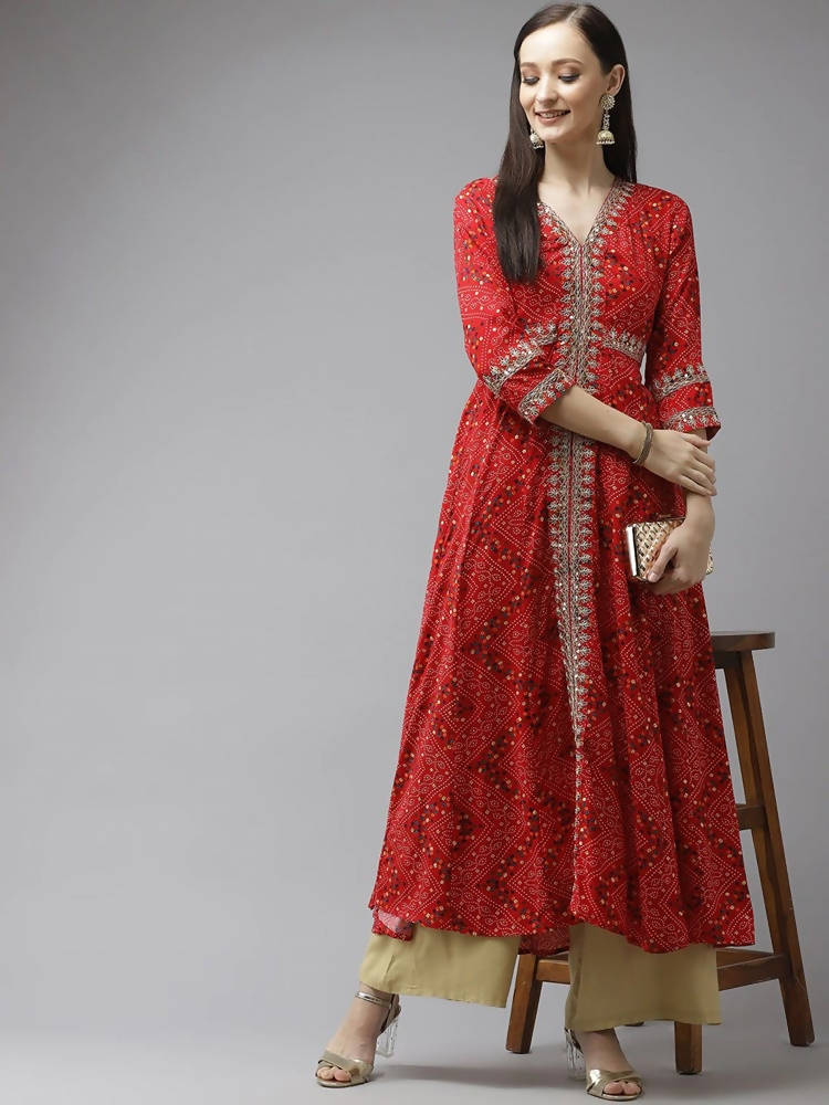 Yufta Women Red Bandhani Printed Kurta | Grab2Buy