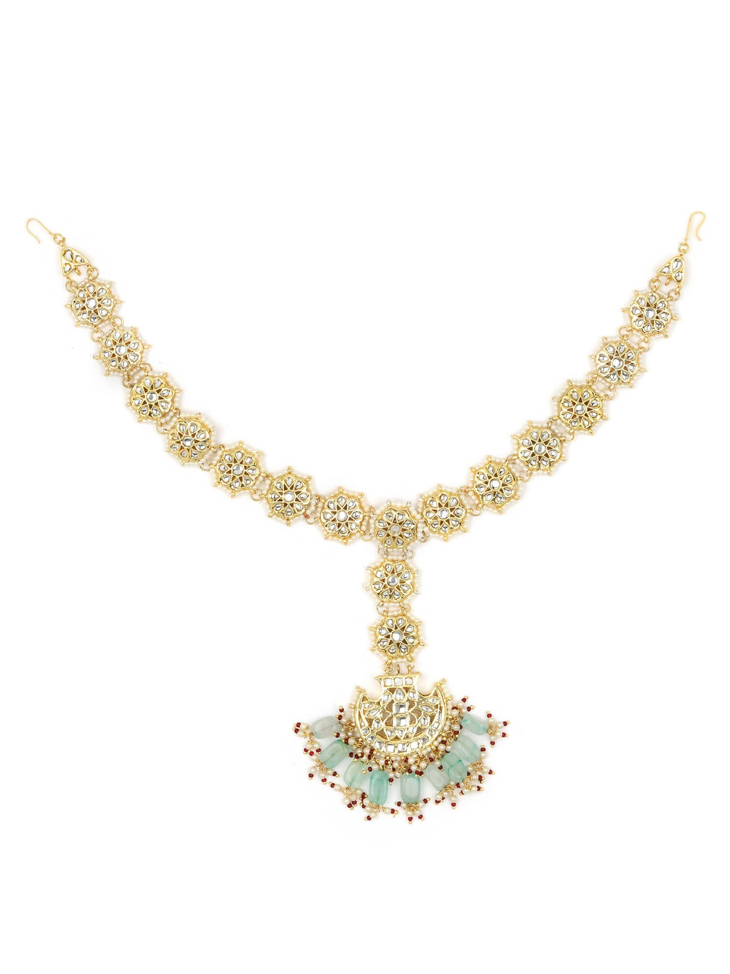 Gold-Polished White Blue Kundan-Studded Pearl Beaded Matha Patti - Ruby Raang | Grab2Buy