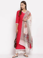 Myshka Women's Pink Cotton Solid 3/4 Sleeve V Neck Casual Kurta Dupatta Set | Grab2Buy