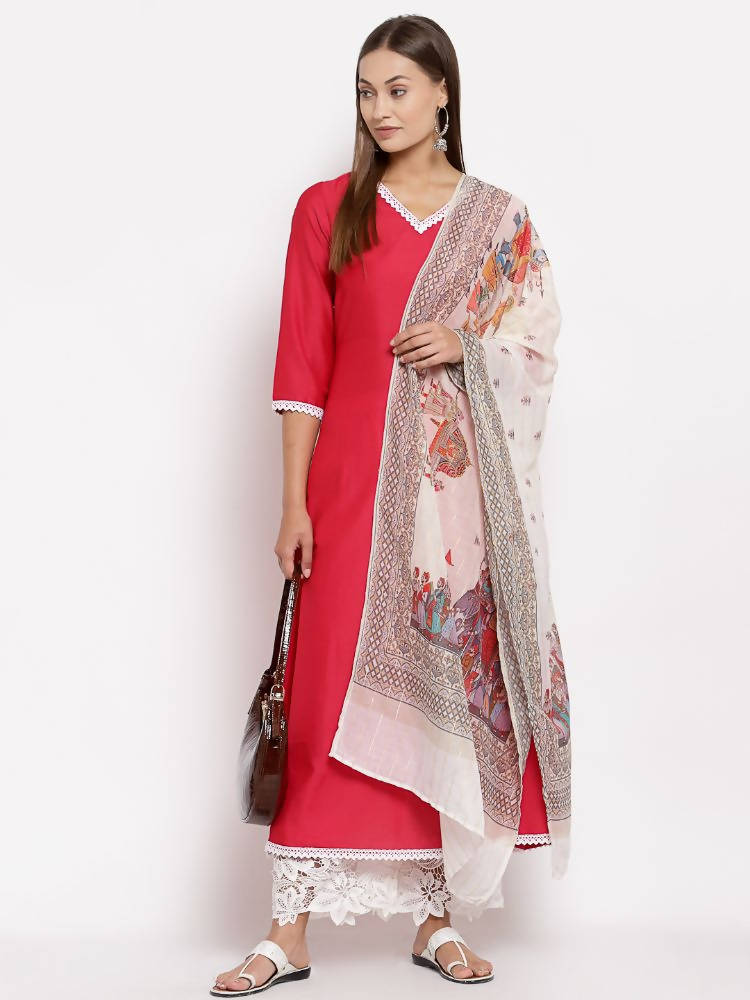 Myshka Women's Pink Cotton Solid 3/4 Sleeve V Neck Casual Kurta Dupatta Set | Grab2Buy