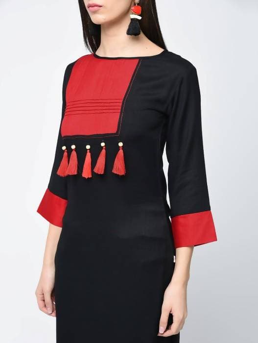 Aniyah Rayon Color Block Black Latest Straight Kurta With Tassels (AN-109K) | Grab2Buy