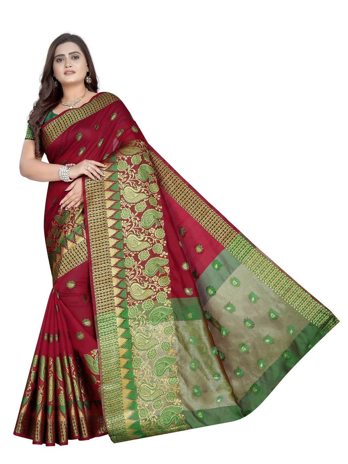 Vamika Banarasi Jaquard Red Weaving Saree With Green Blouse | Grab2Buy