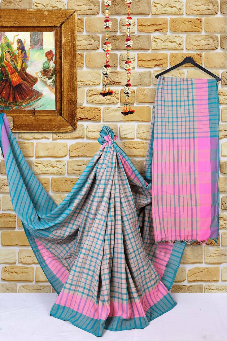 Vamika Cream Cotton Silk Weaving Saree (Terra Checks Rama) | Grab2Buy