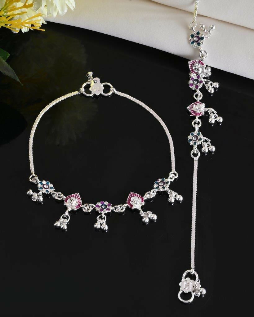 VOJ Set of 2 Silver Plated Designer Multi Color Anklet | Grab2Buy