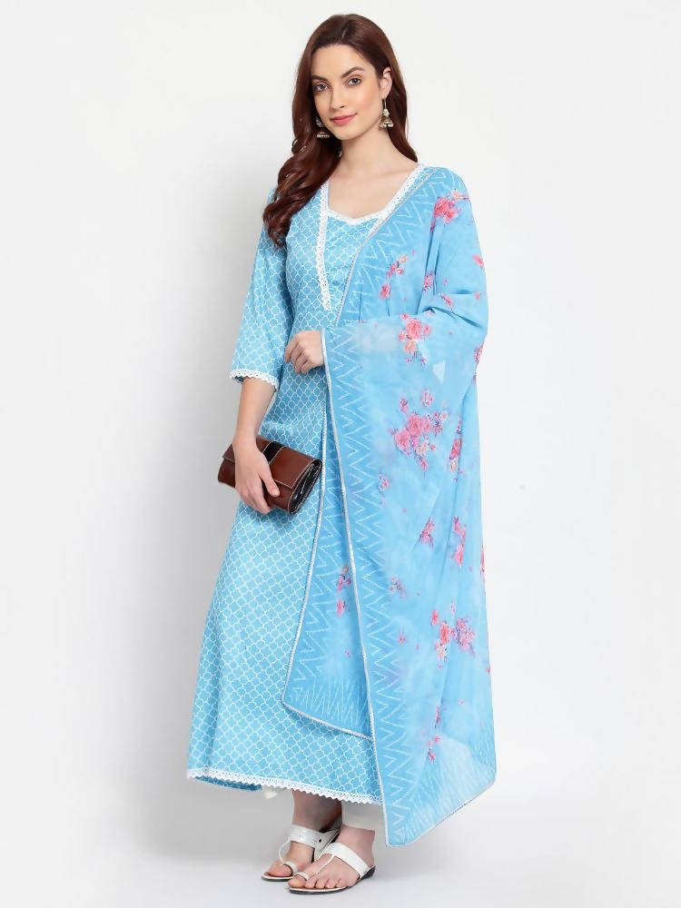 Myshka Women's Blue Printed Cotton Blend 3/4 Sleeve Square Neck Casual Anarkali Kurta Dupatta Set | Grab2Buy
