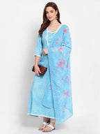 Myshka Women's Blue Printed Cotton Blend 3/4 Sleeve Square Neck Casual Anarkali Kurta Dupatta Set | Grab2Buy