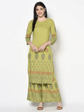 Aniyah Rayon Parrot Green Color Block Print Straight Kurta Palazzo Set (AN-197K) | Grab2Buy
