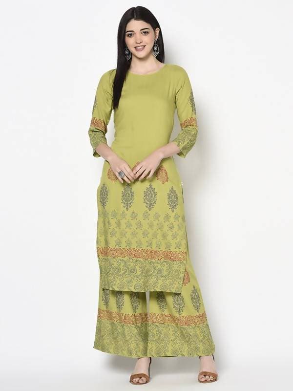 Aniyah Rayon Parrot Green Color Block Print Straight Kurta Palazzo Set (AN-197K) | Grab2Buy