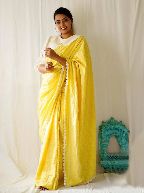 Diva Globe Customised Yellow Linen Saree With Flowers | Grab2Buy