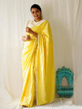 Diva Globe Customised Yellow Linen Saree With Flowers | Grab2Buy