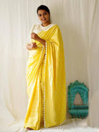 Diva Globe Customised Yellow Linen Saree With Flowers | Grab2Buy