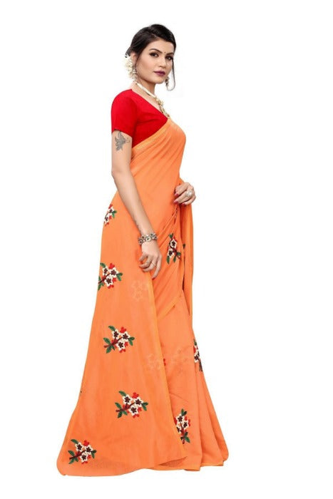 Vamika Chanderi Cotton Embroidery Orange Saree (Mogra Orange) | Grab2Buy