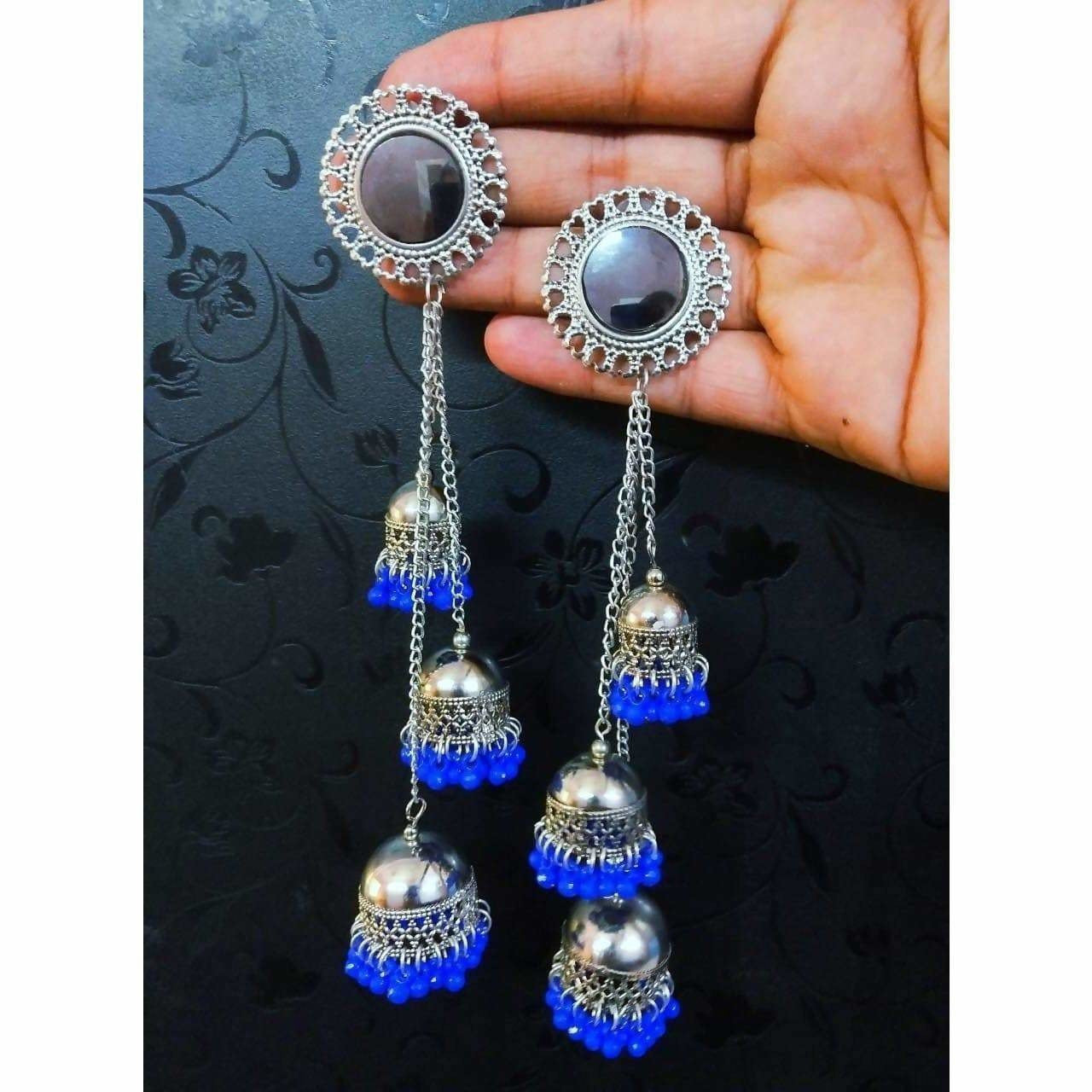 MS Fashion India Kashmiri Triple Blue Color Pearls Hanging Jhumka Earrings | Grab2Buy