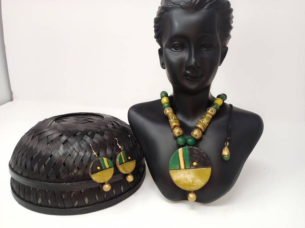Terracotta Round Pendant Boho Style Medium Necklace Set With Hangings | Grab2Buy