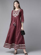 Yufta Women Maroon Geometric Printed Bell Sleeves Mirror Work Cotton Kurta | Grab2Buy