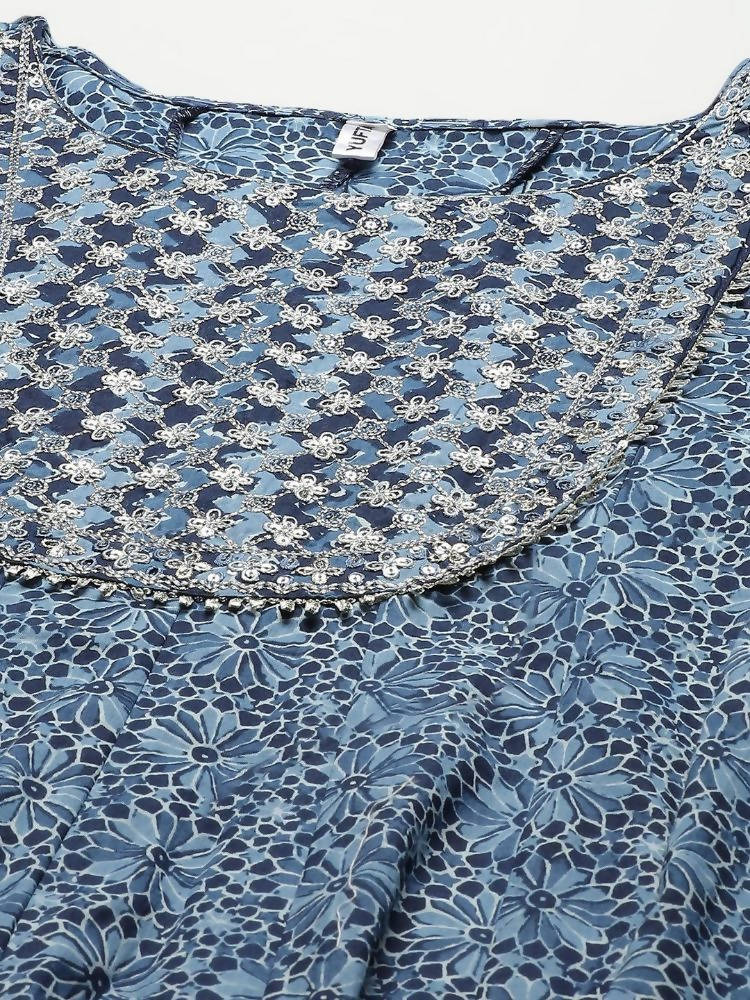 Yufta Women Blue Floral Yoke Design Angrakha Pure Cotton Kurta with Trouser With Dupatta | Grab2Buy