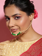 Gold-Polished White Green Stone-Studded Pearl Beaded Nosepin - Ruby Raang | Grab2Buy