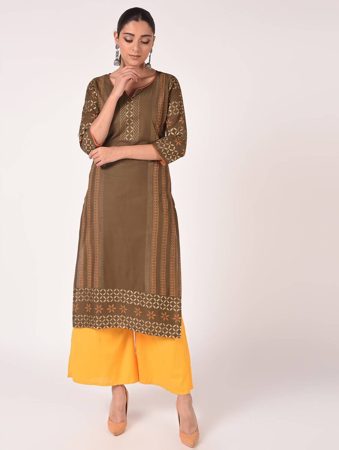 Cheera Hand Block Print Earth Brown Straight Kurta (MAAI-060K) | Grab2Buy