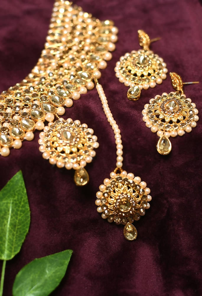 Tehzeeb Creations Stone And Pearl Studded Necklace With Earrings And Tikka | Grab2Buy