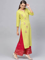 Yufta Women Green & Pink Embroidered Kurta with Palazzo & Dupatta | Grab2Buy