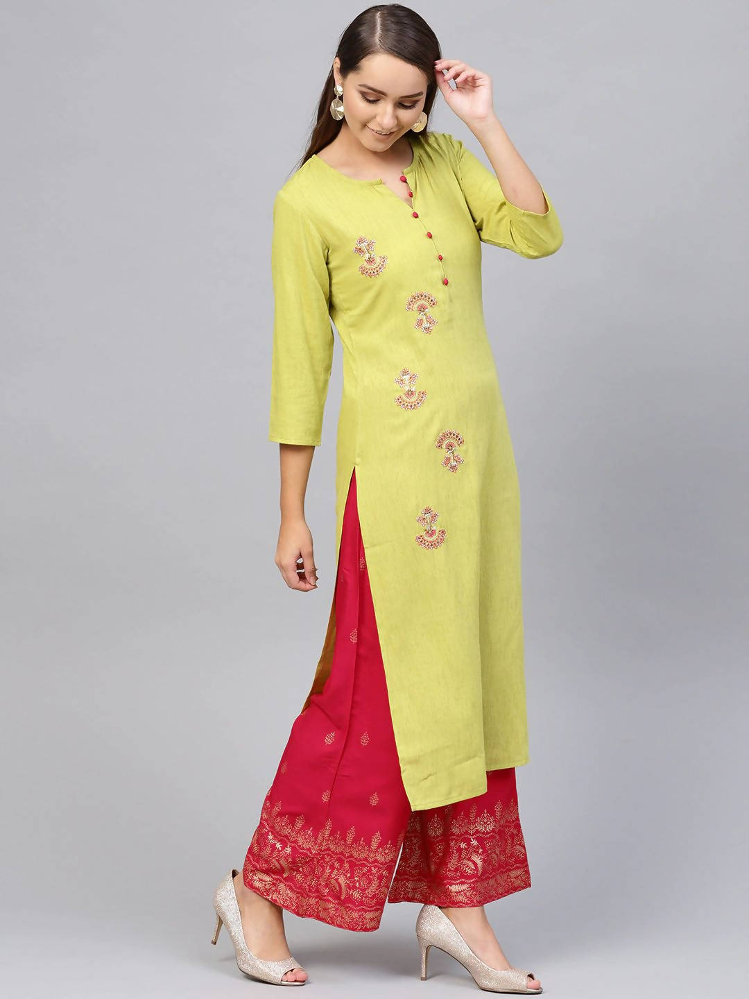 Yufta Women Green & Pink Embroidered Kurta with Palazzo & Dupatta | Grab2Buy