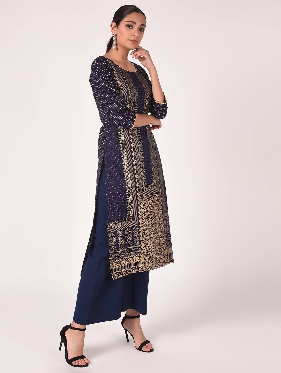 Cheera Hand Block Print Navy Color Straight Kurta | Grab2Buy