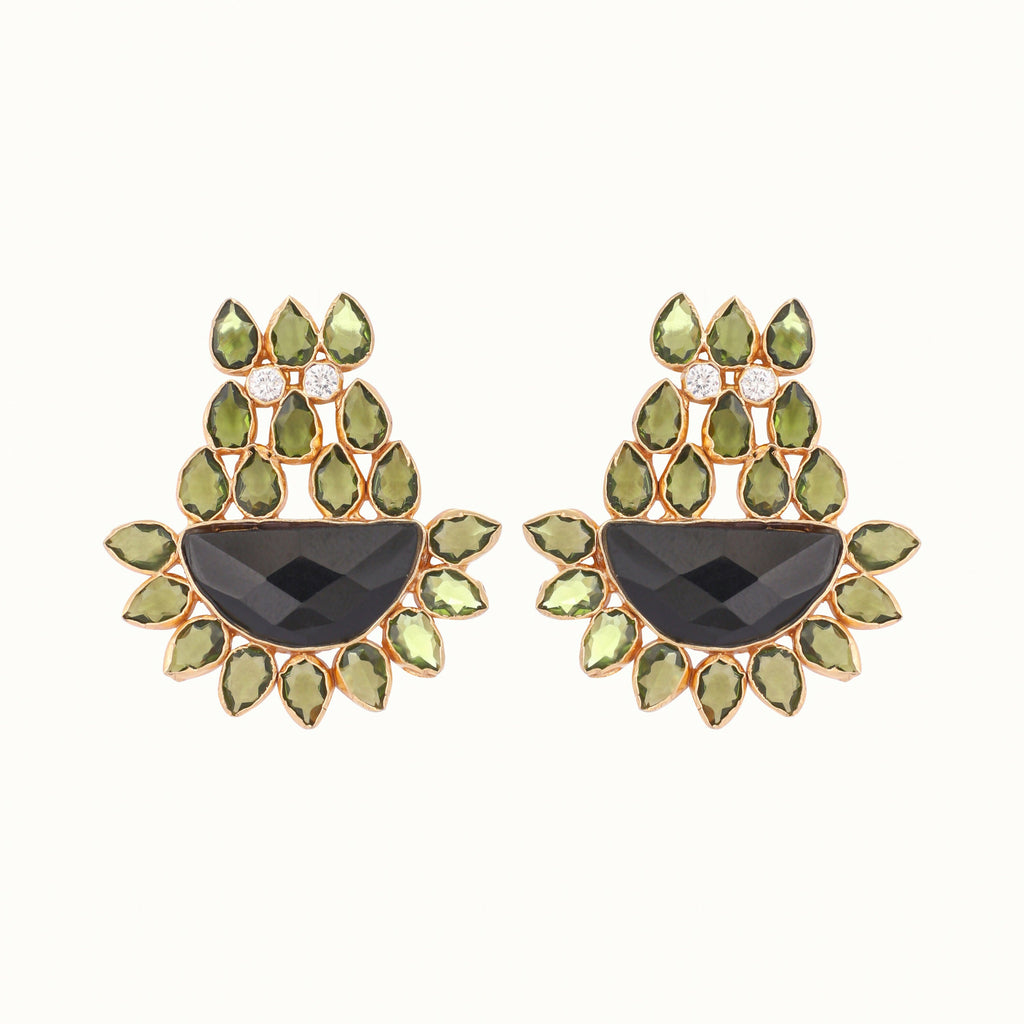 Nuyug 22K Gold Plated Dark Crystal Studded Contemporary Floral Shaped Stud Earrings | Grab2Buy
