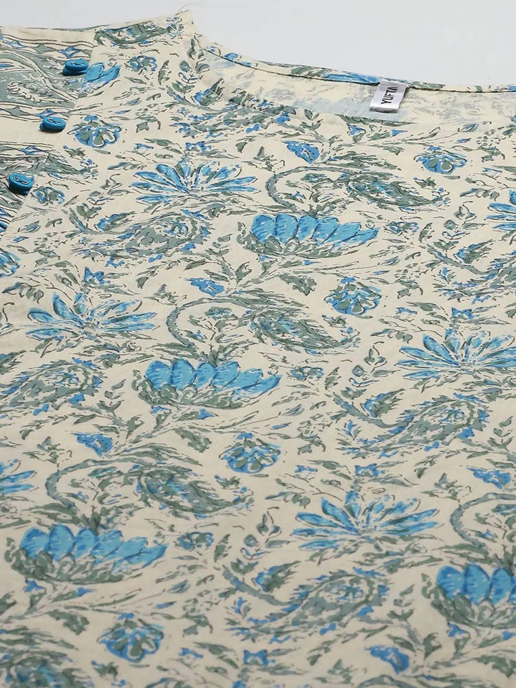 Yufta Women Beige Floral Printed Regular Pure Cotton Kurta with Trouser | Grab2Buy