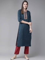 Yufta Navy Blue and Maroon Embroidered Kurta Palazzo Set | Grab2Buy