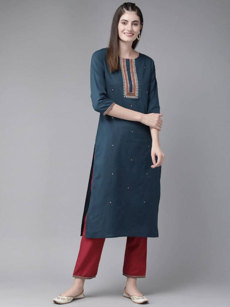 Yufta Navy Blue and Maroon Embroidered Kurta Palazzo Set | Grab2Buy
