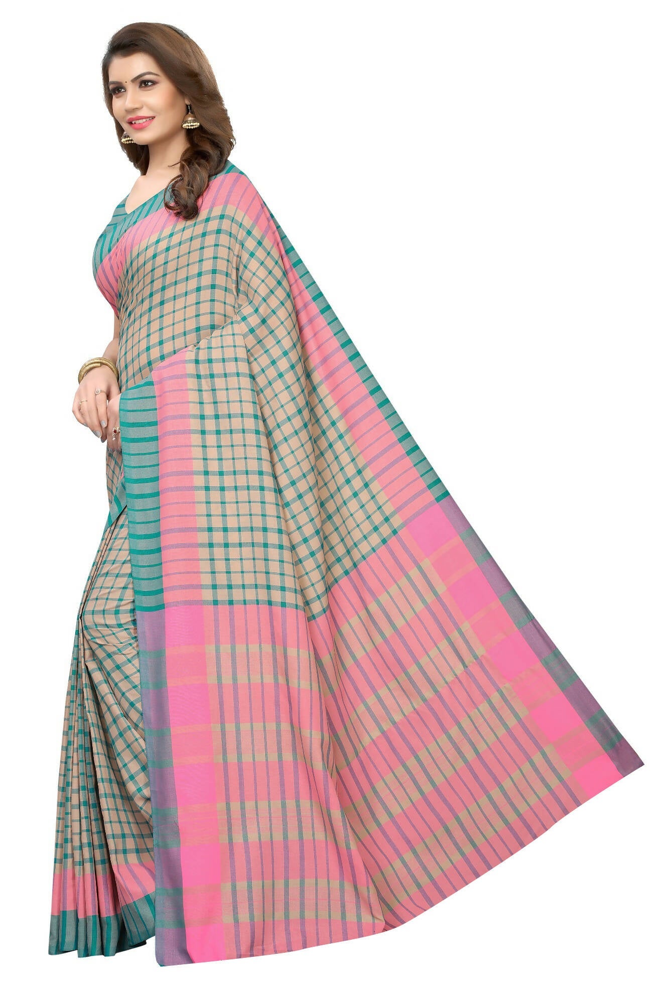 Vamika Cream Cotton Silk Weaving Saree (Terra Checks Rama) | Grab2Buy