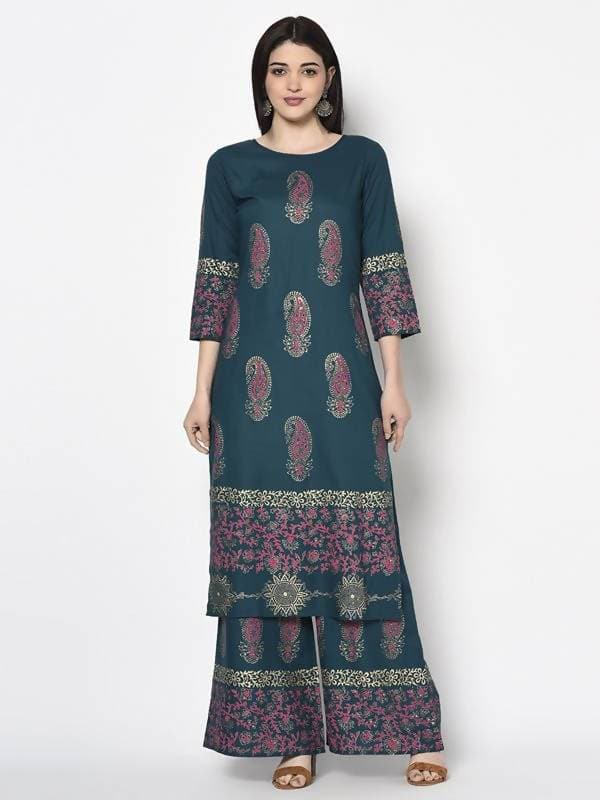 Aniyah Rayon Teal Blue Color Block Print Straight Kurta (AN-224K) | Grab2Buy