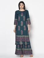 Aniyah Rayon Teal Blue Color Block Print Straight Kurta (AN-224K) | Grab2Buy