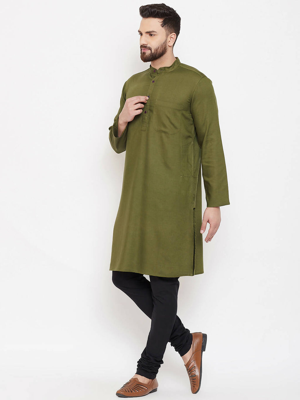 Even Apparels Green Linen Men's Kurta With Band Collar | Grab2Buy
