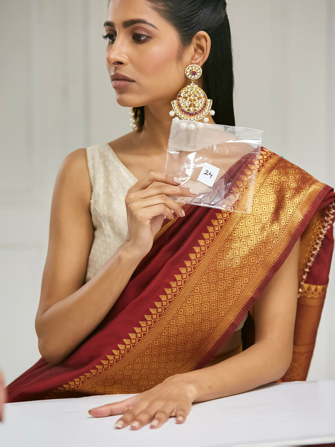 Nuyug 22K Gold-Plated Elegant Ruby & Kundan Stone Studded With Pearl Beaded Floral Chandbalis | Grab2Buy