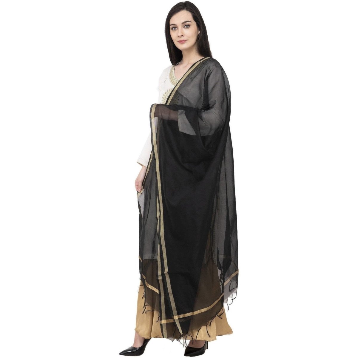 A R Silk Chanderi Piping Regular Dupatta Black Color Dupatta or Chunni | Grab2Buy