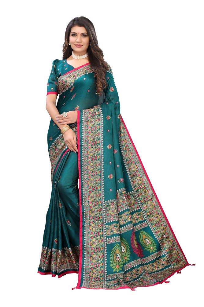 Vamika Rama Green Jute Silk Mirror Work Saree | Grab2Buy