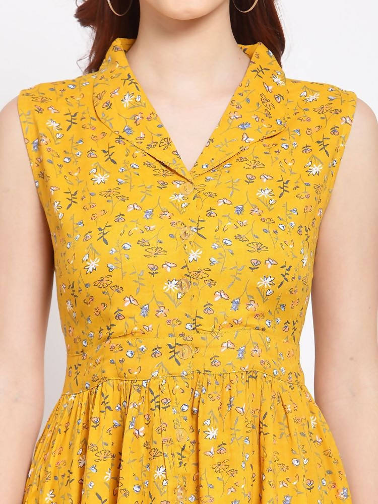 Myshka Women's Mustard Printed Rayon Sleeveless Collar Neck Casual Dress | Grab2Buy