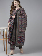 Yufta Women Navy Blue & Red Floral Printed Pure Cotton Kurta with Trouser and Dupatta | Grab2Buy